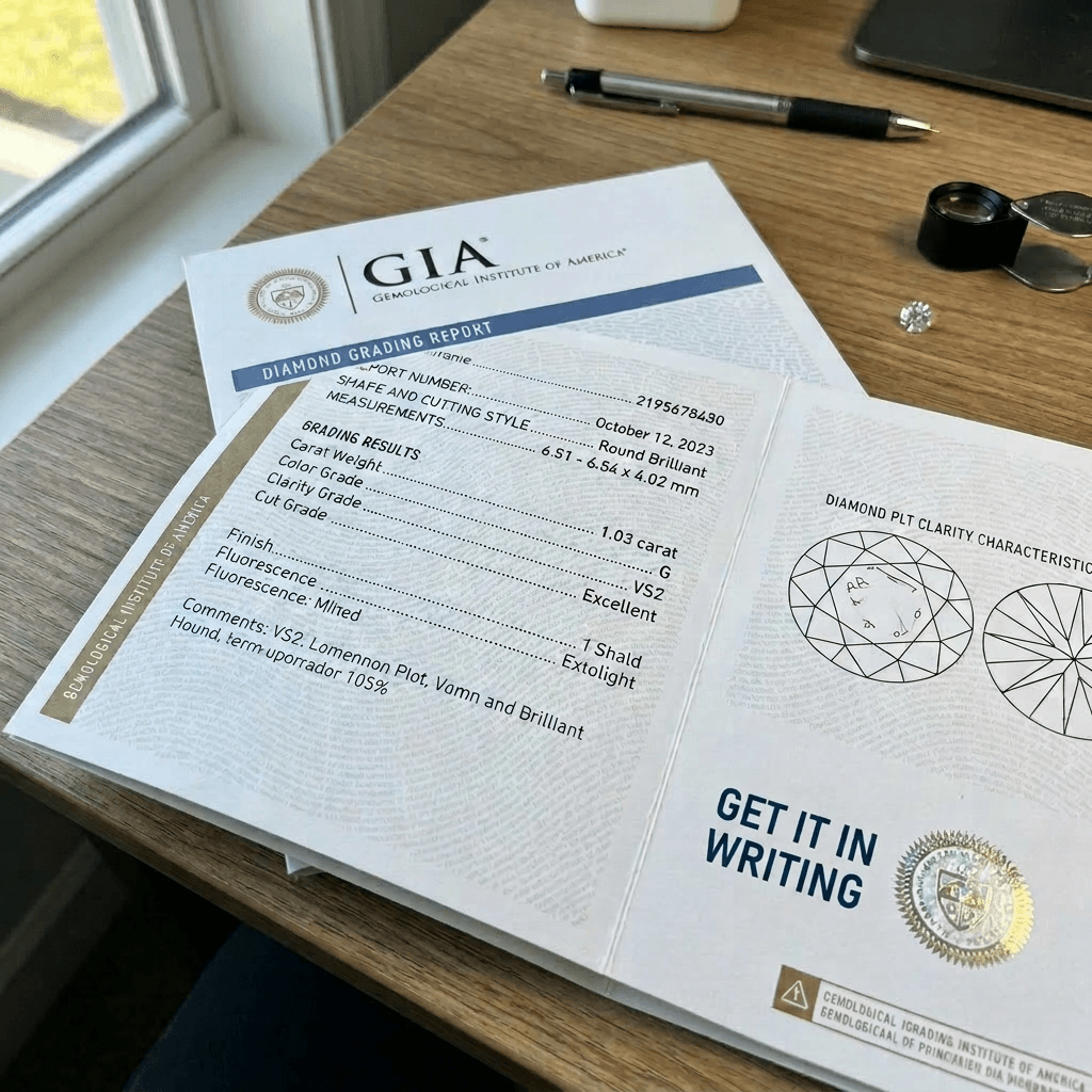 GIA diamond grading report with carat, color, clarity, and cut details alongside loose diamond and loupe