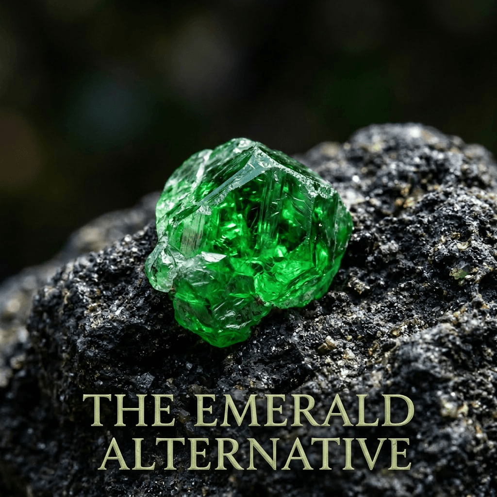 Vivid green crystal on rough black volcanic rock surface