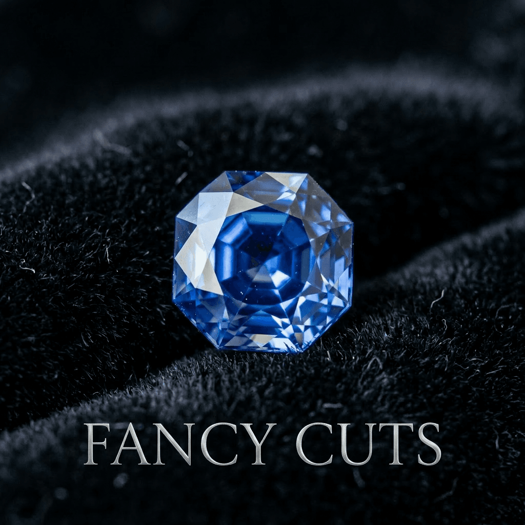 Blue octagonal faceted gemstone on black velvet background