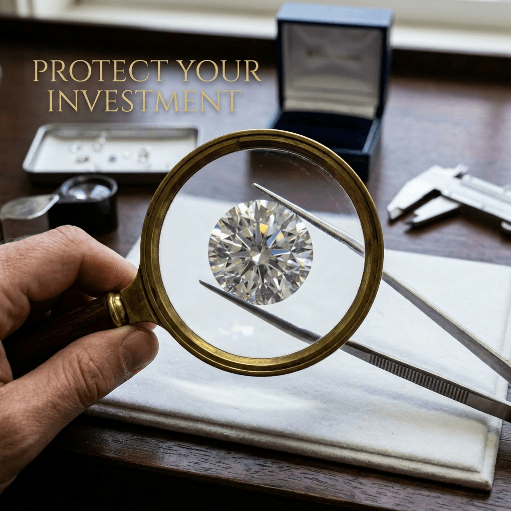Large round diamond held by tweezers viewed through magnifying glass on jeweler's table