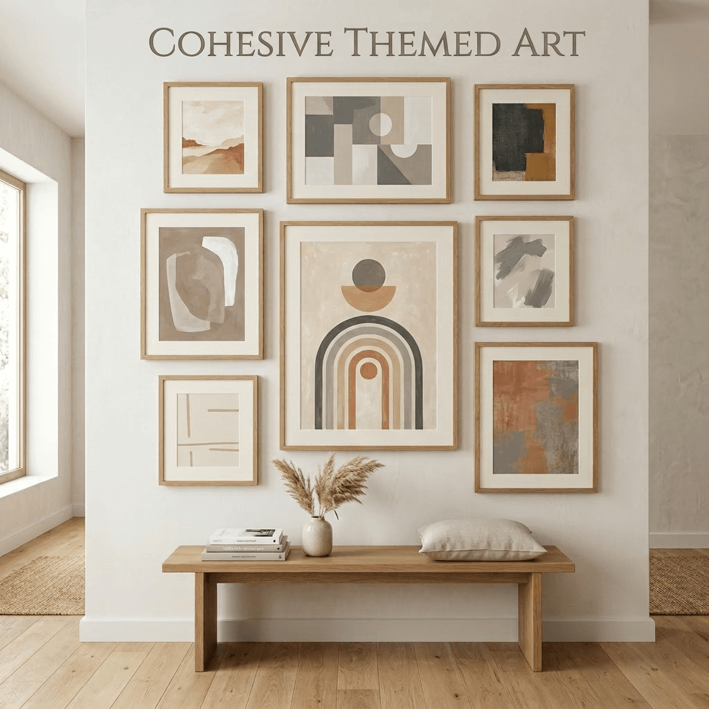 Gallery wall with nine framed abstract art pieces in earthy neutral tones above a wooden bench with vase and pillow