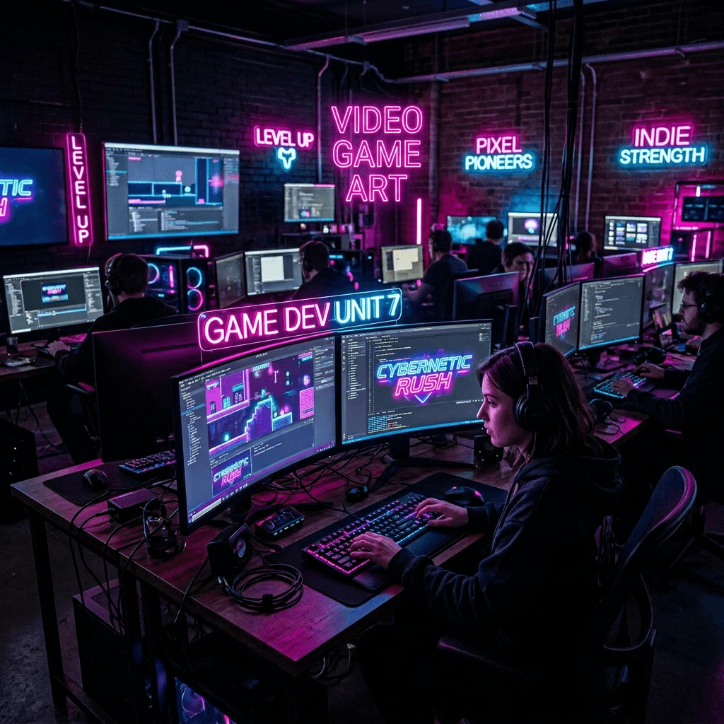 Game developers working on dual monitors displaying Cybernetic Rush game design and coding in a neon-lit studio