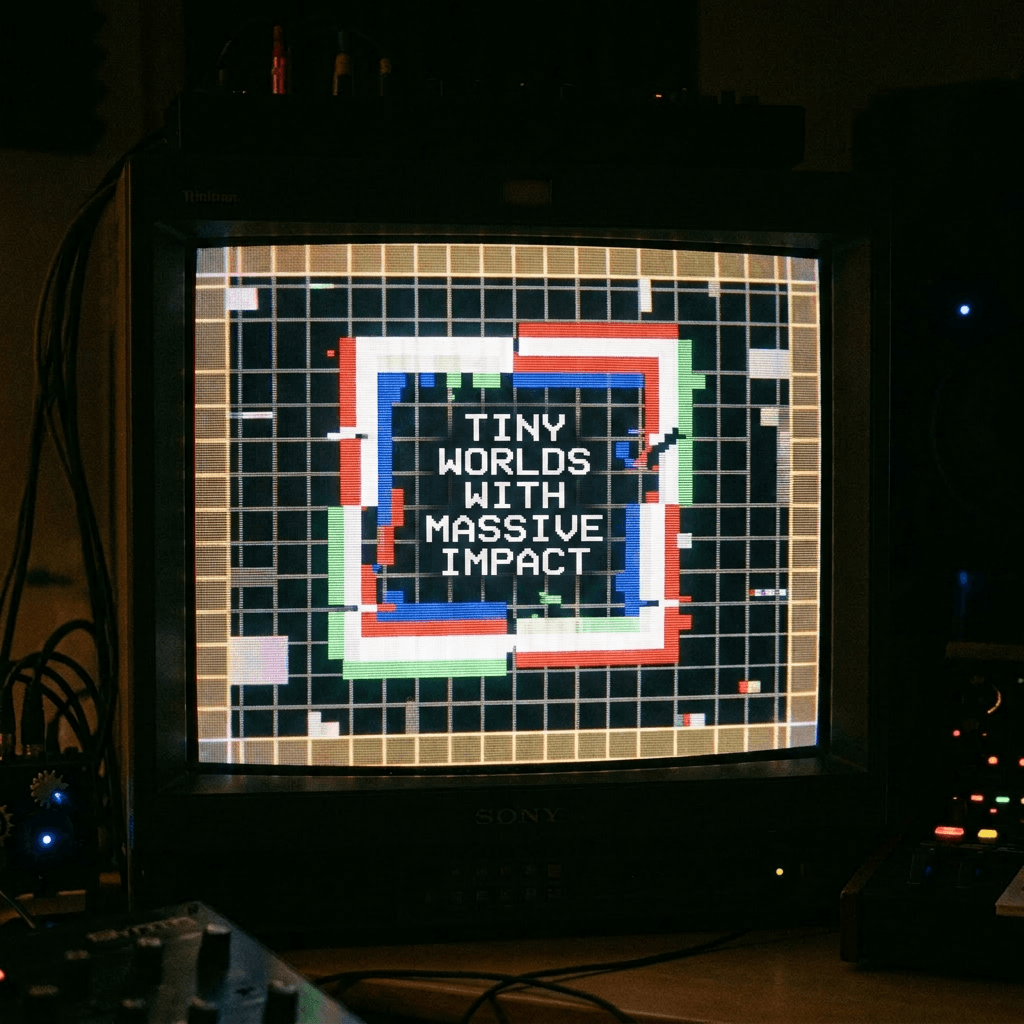 CRT monitor displaying pixel art pattern with red, blue, green, and white blocks on a black grid background