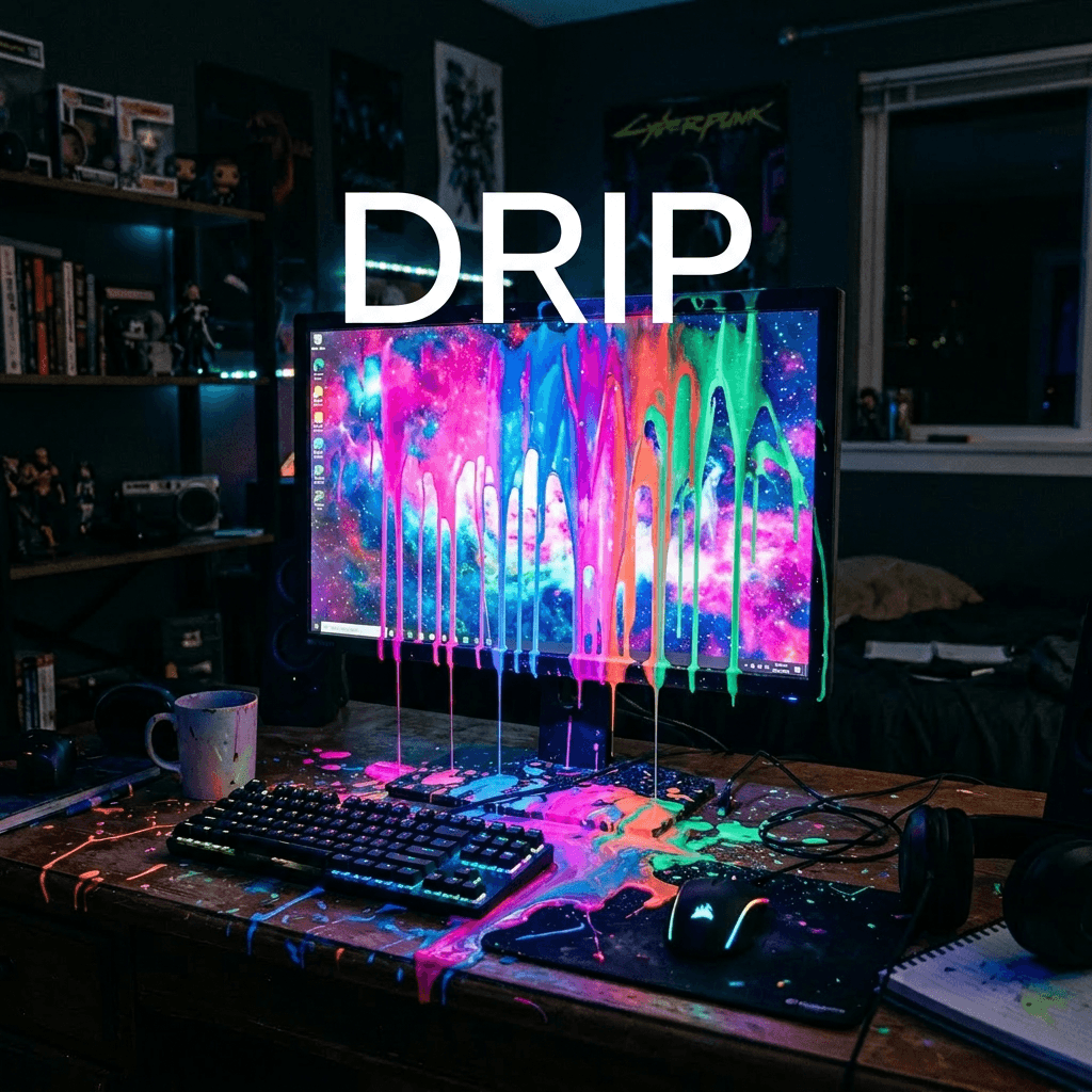 Gaming computer with neon paint dripping over monitor, keyboard, and desk