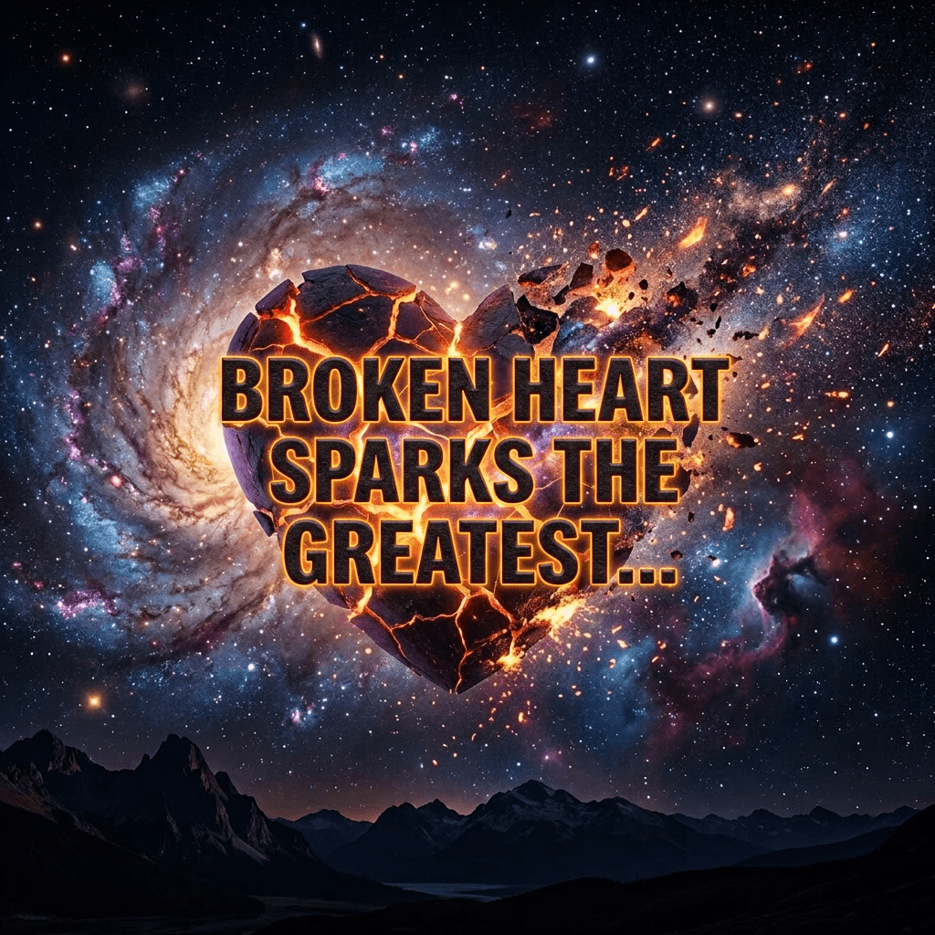 Shattered glowing heart-shaped volcanic rock floating in space with galaxy background