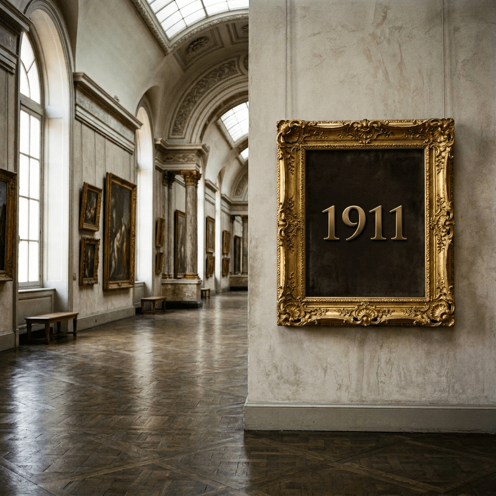 Empty ornate gold frame mounted on a pale wall in a museum hallway