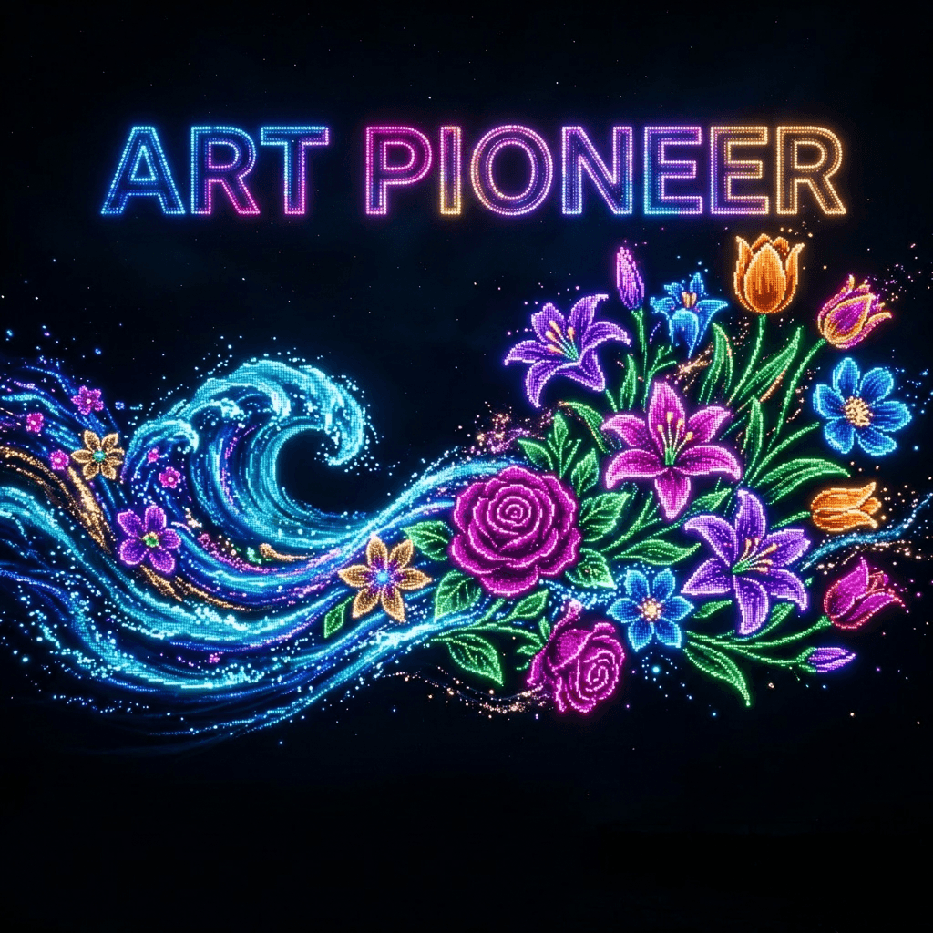 Bright neon-lit ocean wave merging into vibrant flowers including roses, lilies, tulips, and daisies
