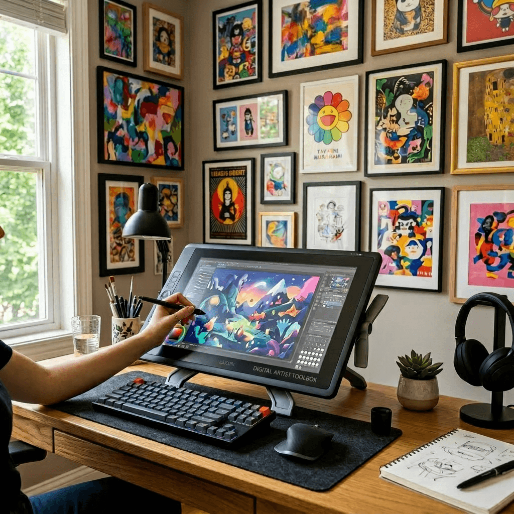 Person drawing colorful digital art on a Wacom tablet at a wooden desk