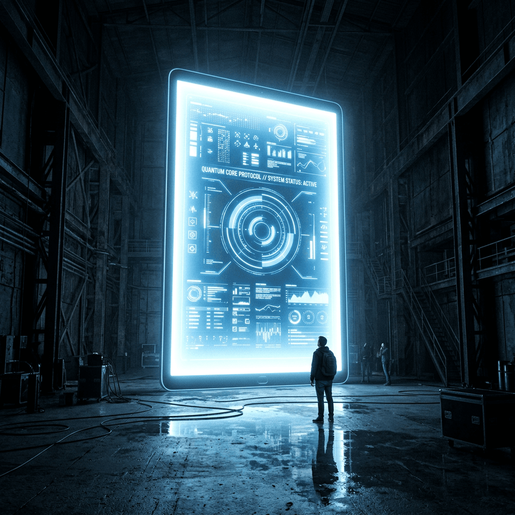 Massive glowing digital screen displaying quantum core protocol data with person standing in front