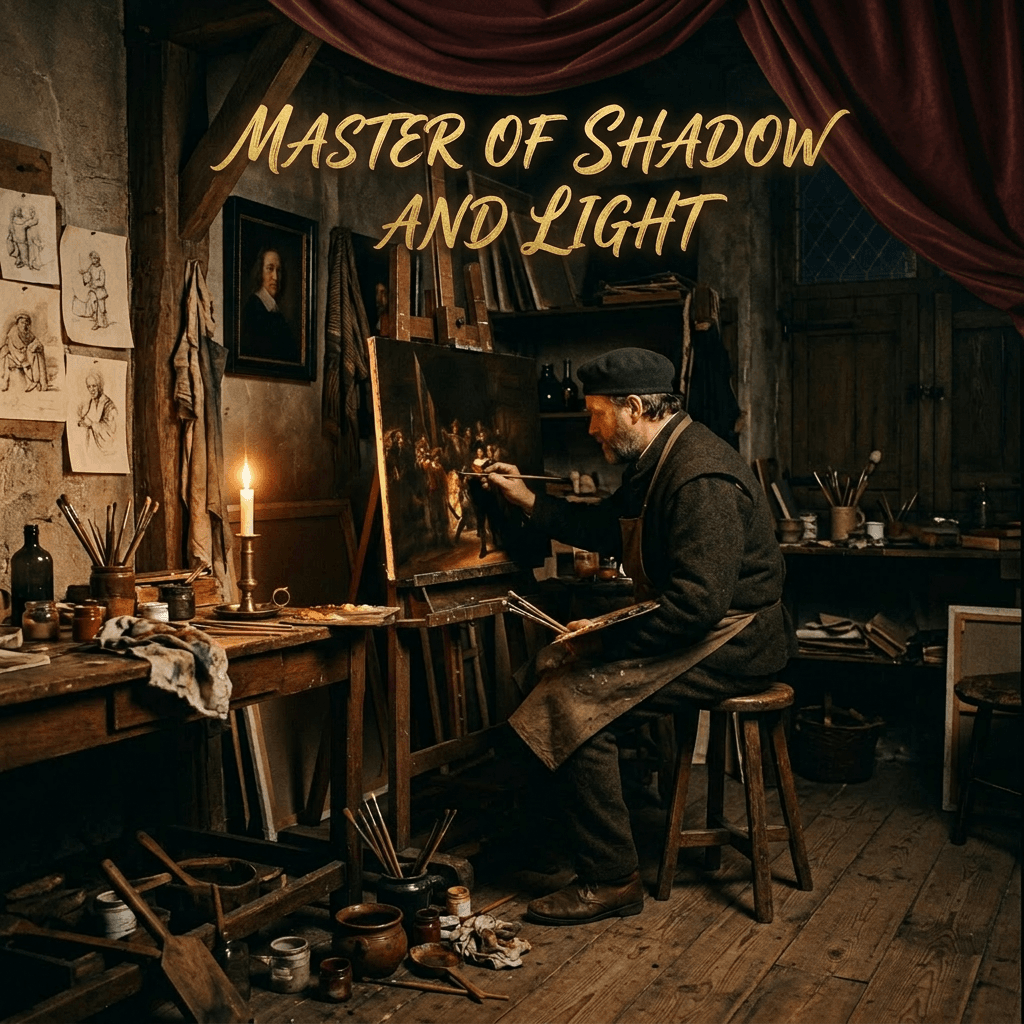 Artist painting on easel in rustic, dimly lit studio with candlelight