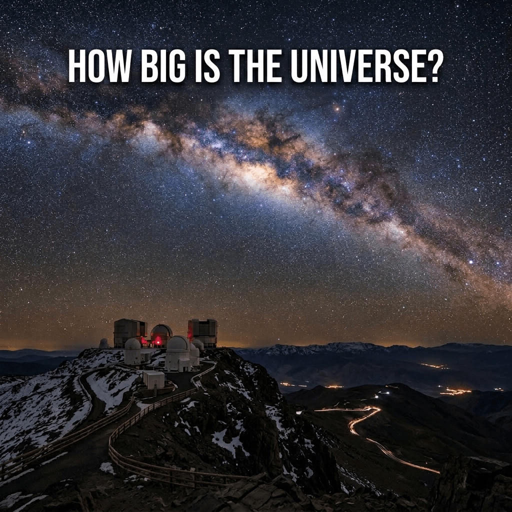 Milky Way galaxy arching over mountain observatory domes with starry sky