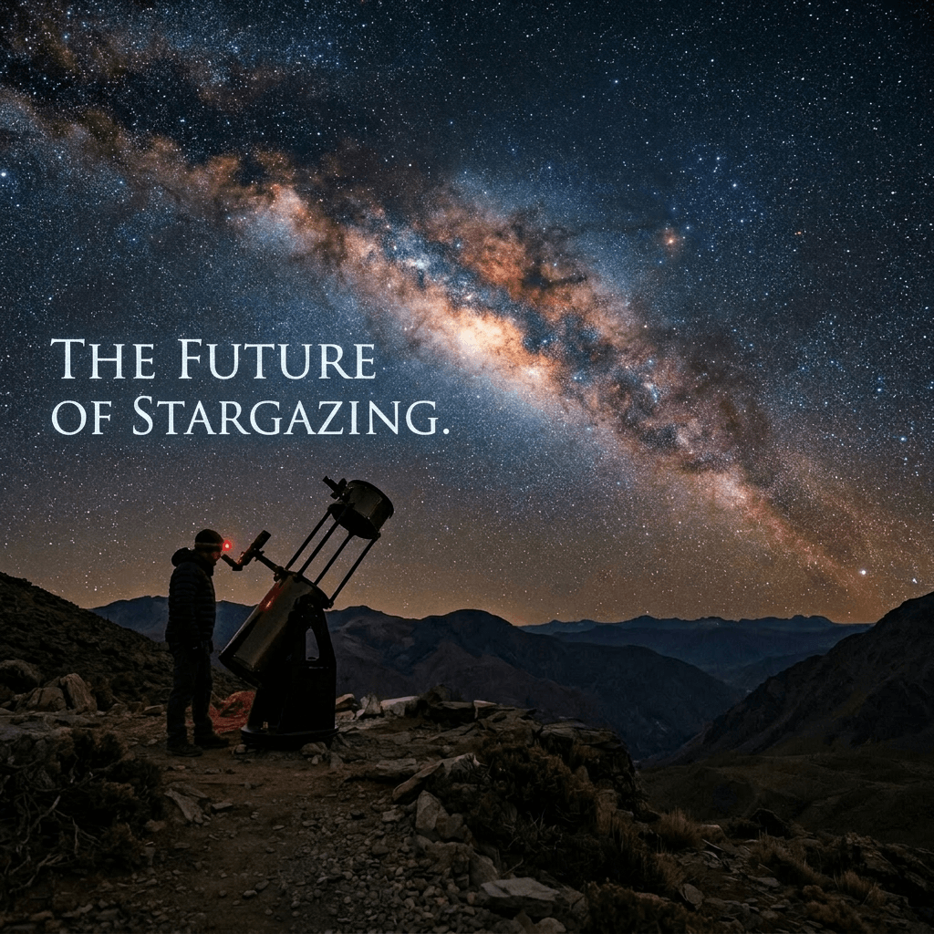 Person looking through telescope under bright star-filled Milky Way galaxy above mountains at night