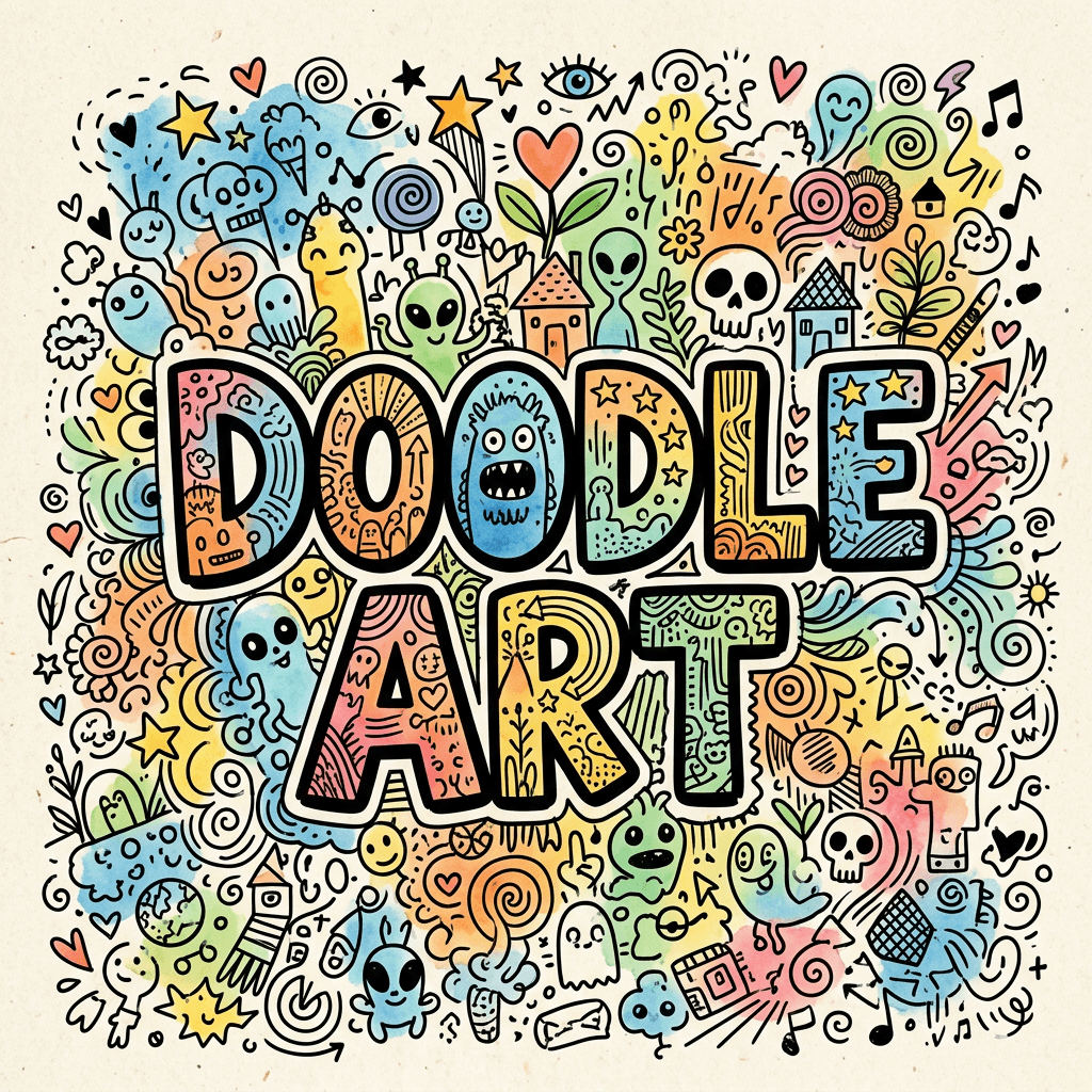 Colorful doodle art featuring playful characters and text spelling 'DOODLE ART'