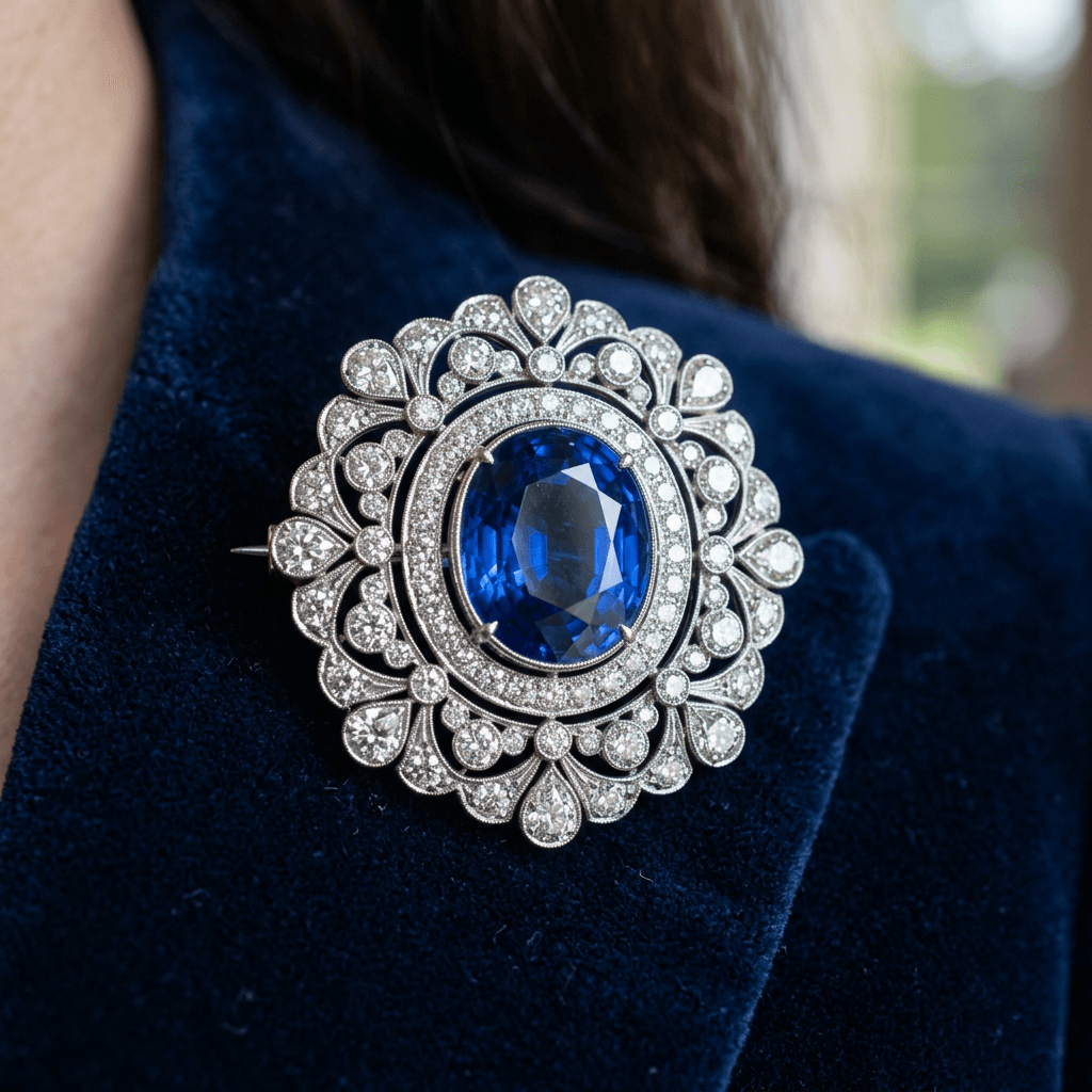 Oval blue sapphire surrounded by diamonds in a vintage brooch pinned on navy fabric