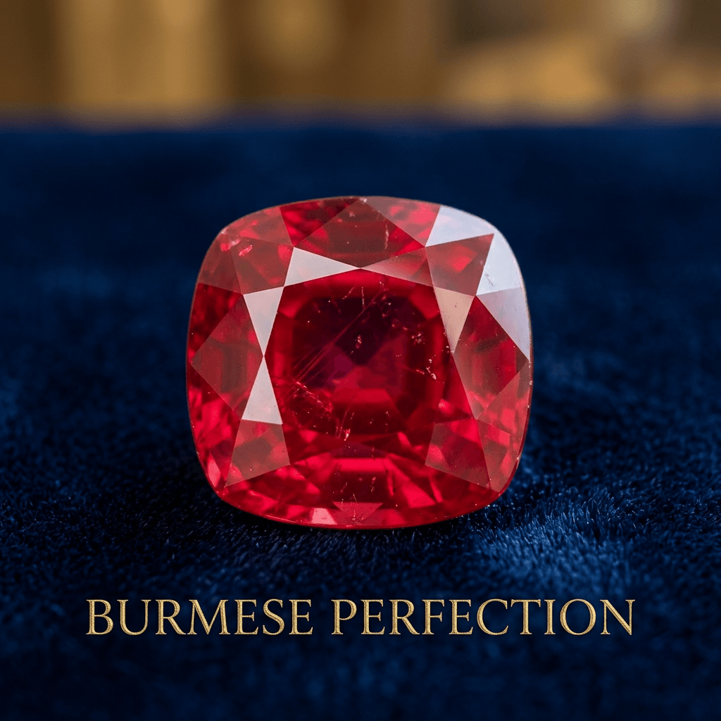 Faceted red gemstone with cushion cut on dark surface