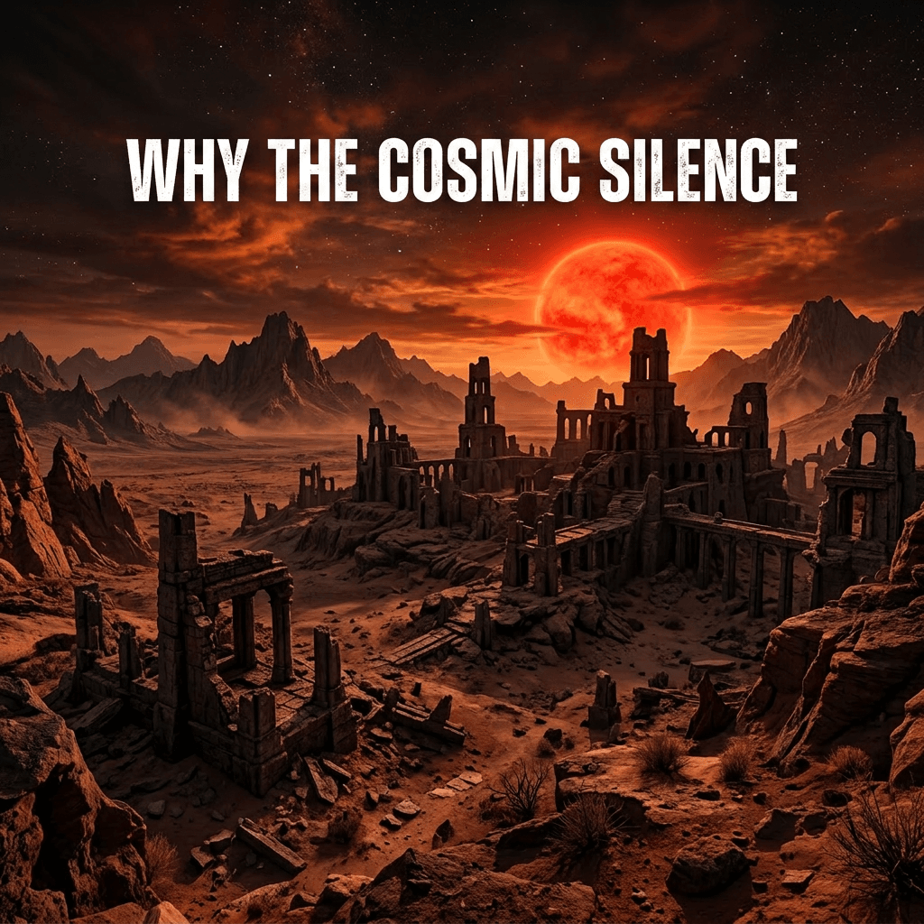 Ancient stone ruins in desert landscape beneath glowing red star and dramatic cloudy sky