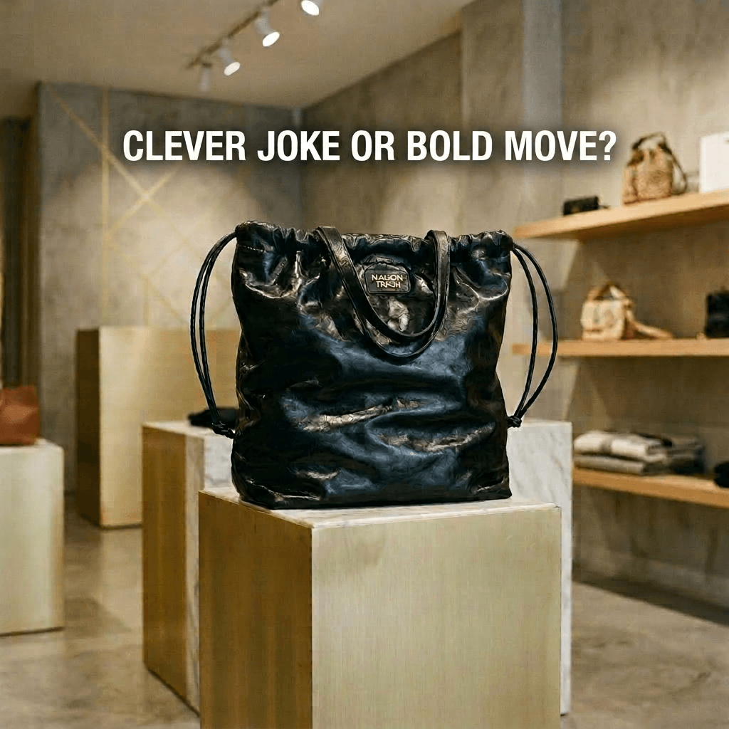 Black Maison Trash handbag on a pedestal in a boutique