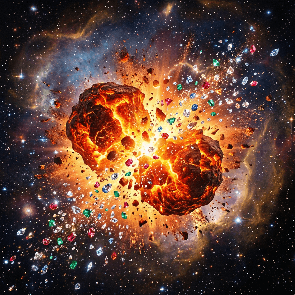 Two fiery asteroids colliding and scattering colorful gemstones in space
