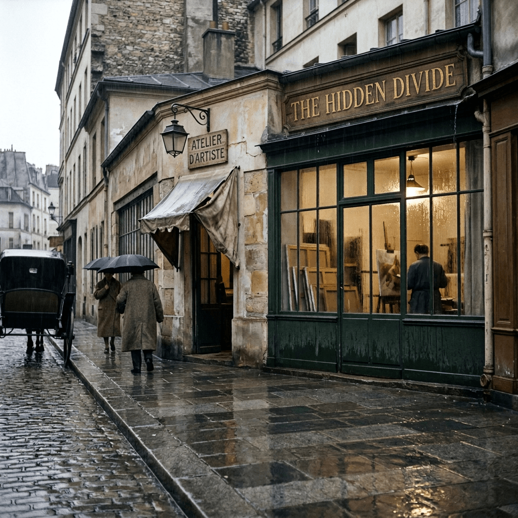 Street scene in Paris with an artist painting inside a studio and people walking with umbrellas in the rain