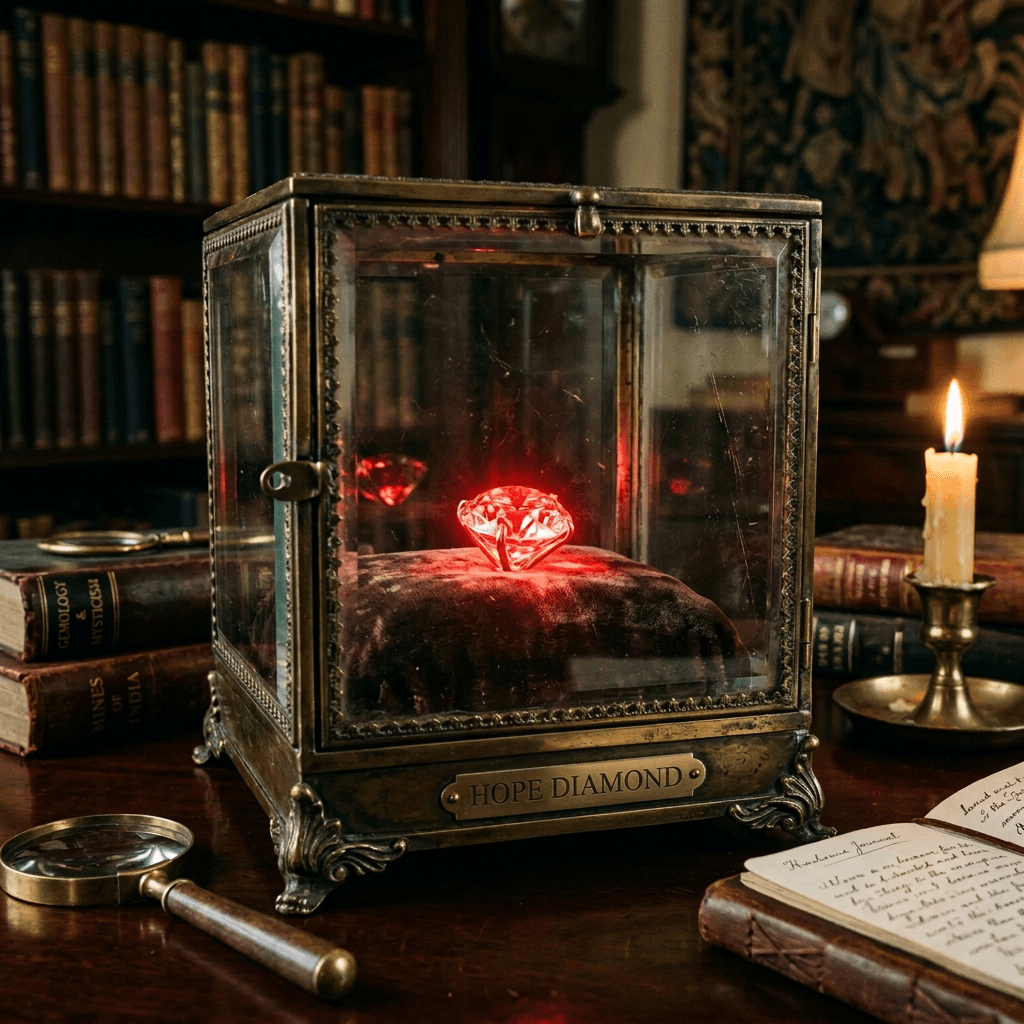 The Cokely Red Diamond glowing inside an ornate glass display case on a velvet cushion