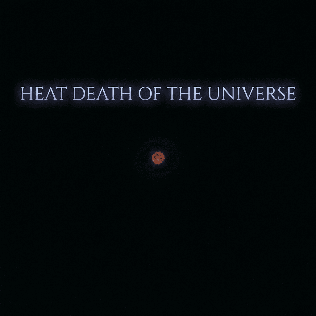 Text reading 'HEAT DEATH OF THE UNIVERSE' with a small glowing object beneath on a black background