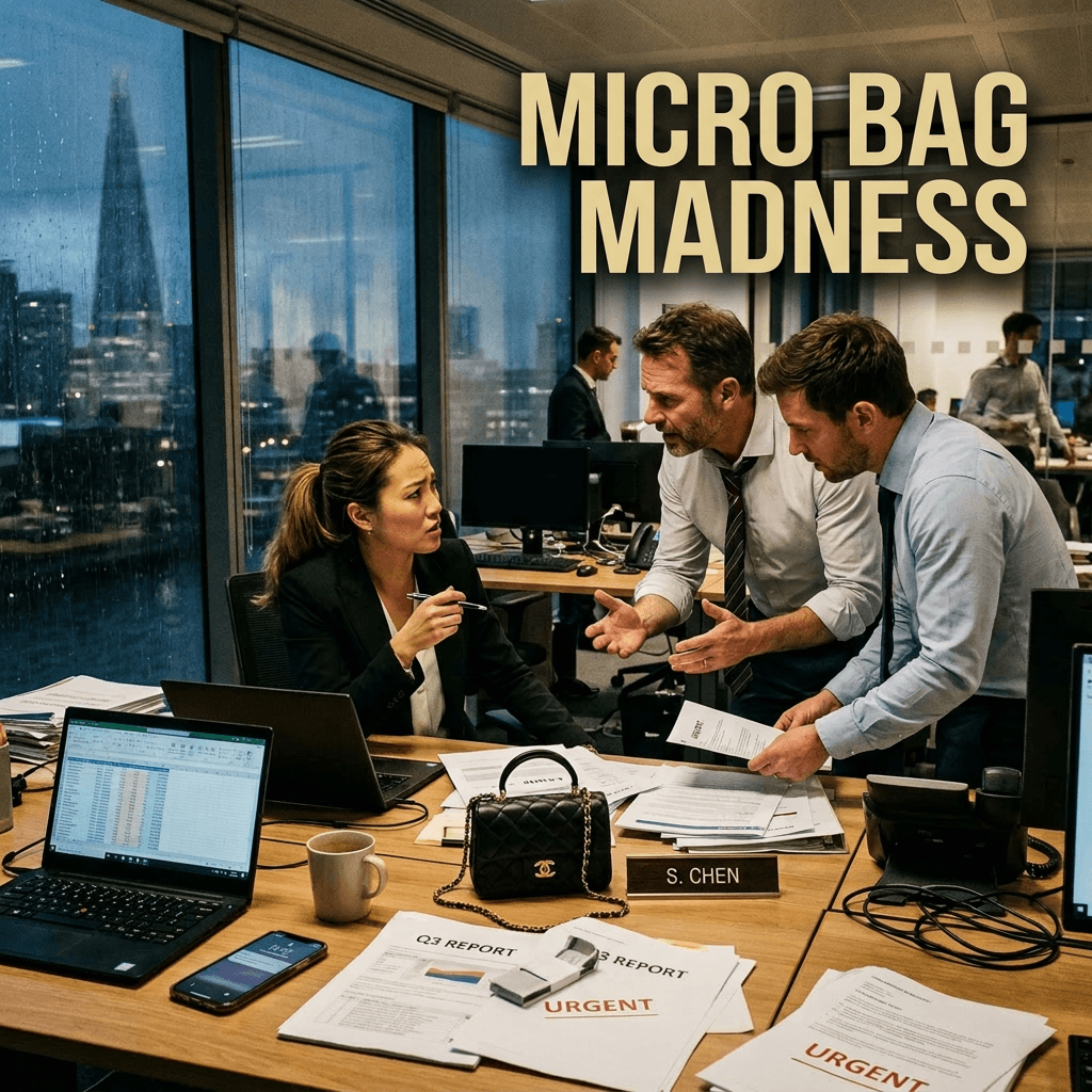 Three business professionals discussing urgent Q3 report papers in an office at night
