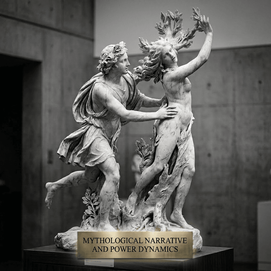 Marble sculpture of a man reaching towards a woman transforming with tree branches