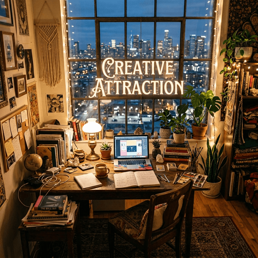 Wooden desk with a laptop, notebooks, plants, and lamp in front of large window showing city skyline at dusk