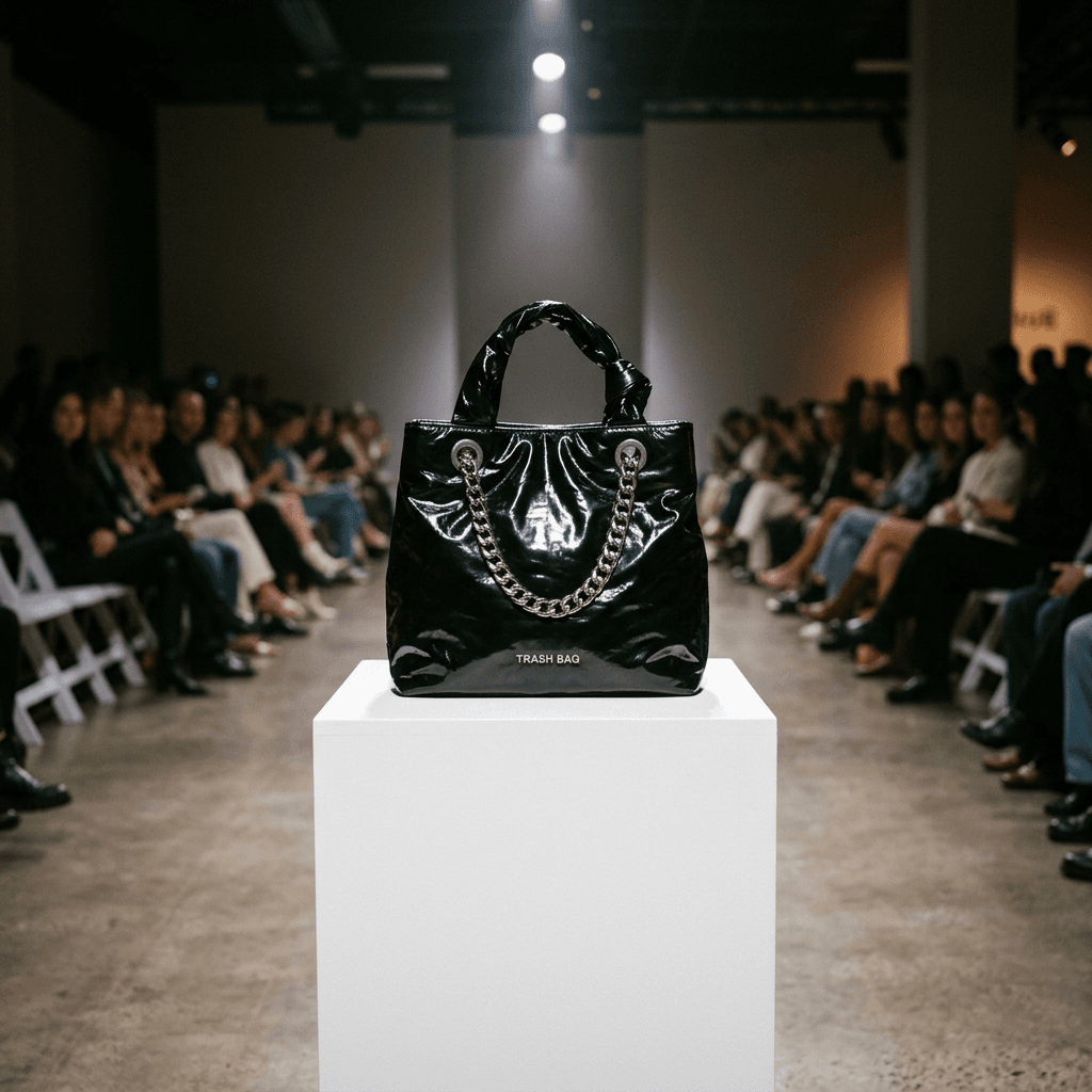 Black shiny handbag with 'TRASH BAG' text on white pedestal at runway show